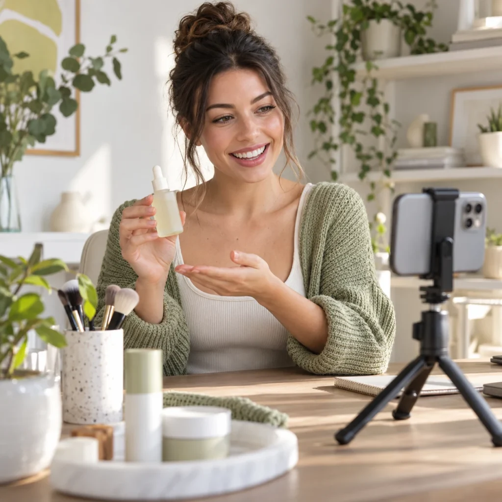 Illustrative female UGC creator presenting a skincare product to a smartphone camera